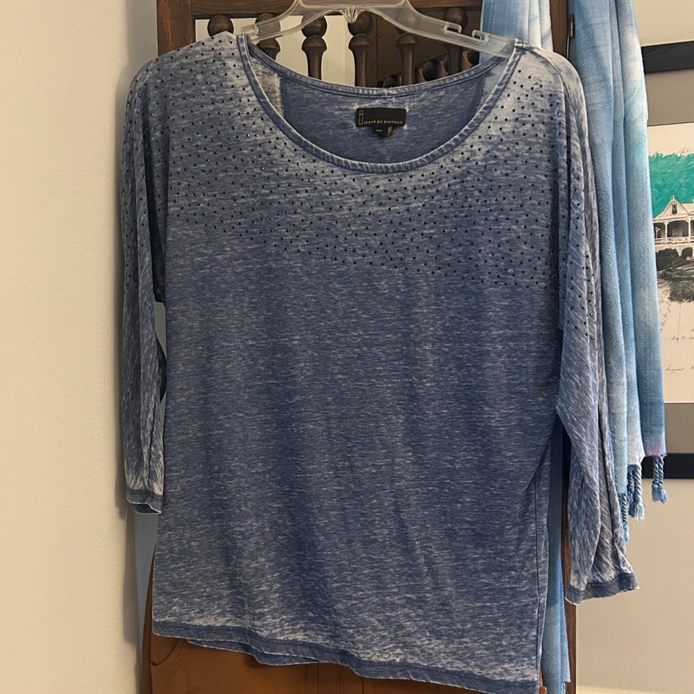 Denim Blue Western Dolman Sleeves Top Black Metal Stud Upper Detail Size Medium